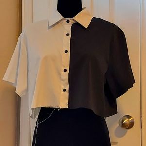 Two toned cropped button up collared top black and white